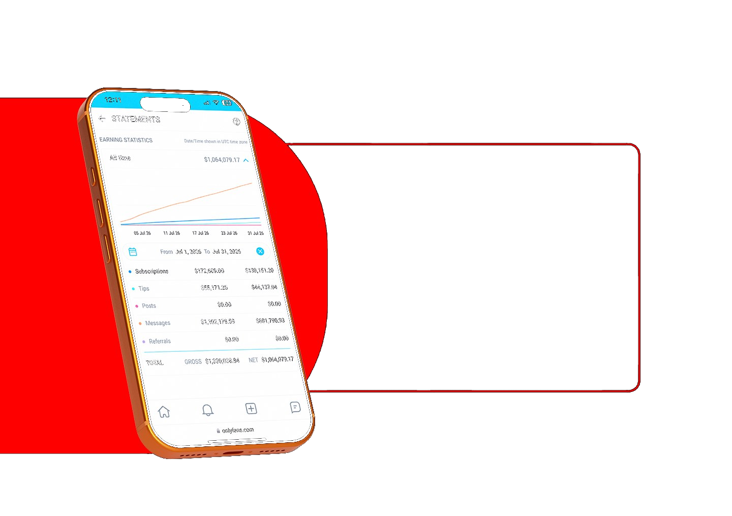 Smartphone showing a creator earnings statement in front of the red 5C shape